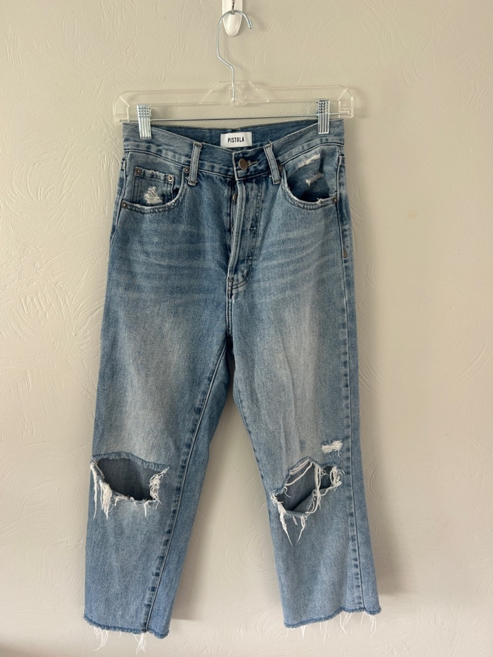 Pistola destroyed denim straight leg high rise crop jean